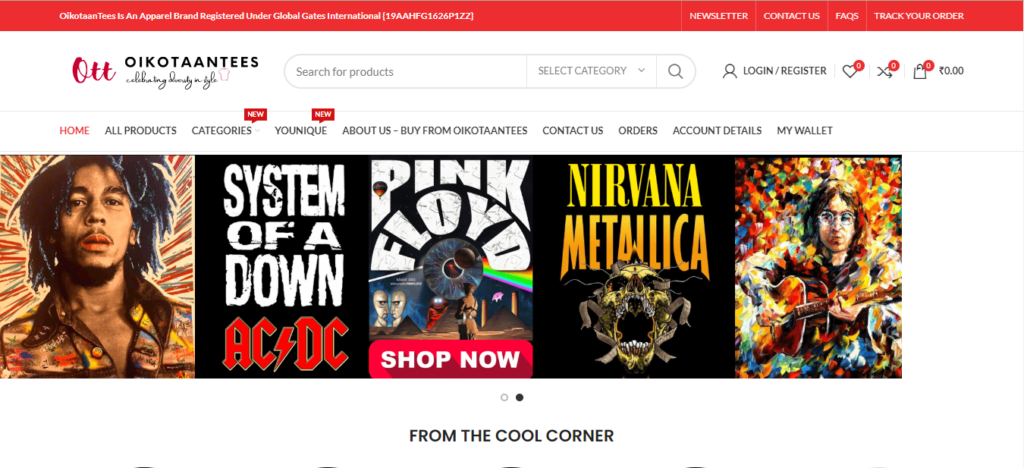 Screenshot of the Oikotaantees homepage featuring a variety of music-themed t-shirts with designs from artists like Bob Marley, System of a Down, AC/DC, Pink Floyd, Nirvana, Metallica, and John Lennon.
