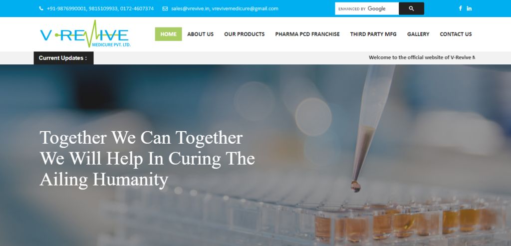 Homepage for V-Revive, a pharmaceutical company.