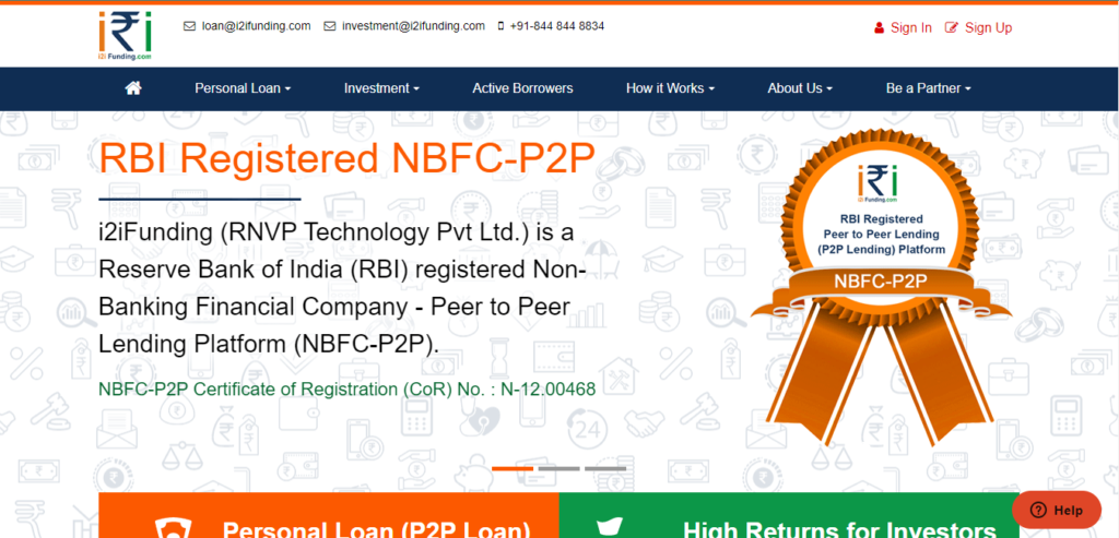 Screenshot of the i2ifunding website, an RBI-registered NBFC-P2P platform.