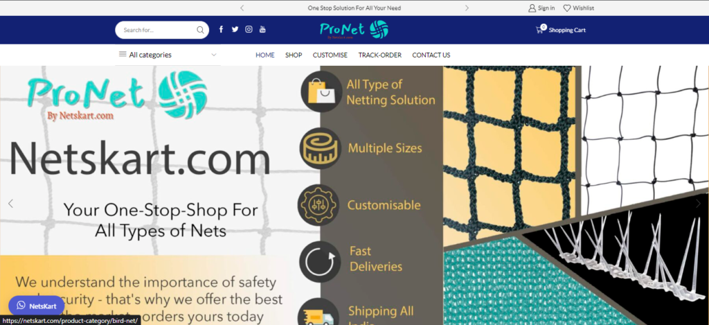 Screenshot of the Netskart.com homepage showcasing various types of netting solutions with options for customization, multiple sizes, fast deliveries, and worldwide shipping.