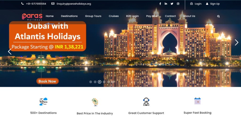 A screenshot of the Paras Holidays website advertising a Dubai vacation package.