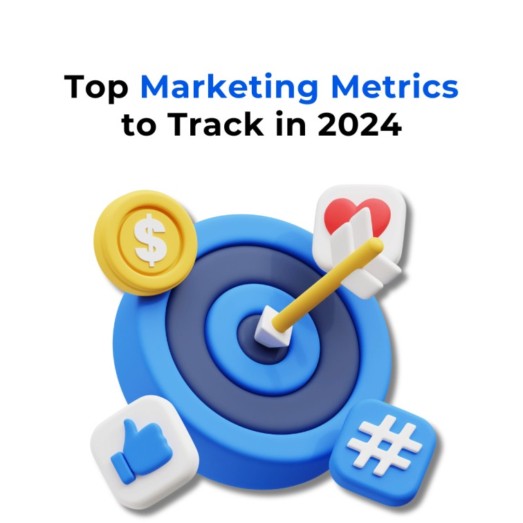 A chart titled "Top Marketing Metrics to Track in 2024" with a dollar sign, hashtag, and graph symbols. A colourful chart titled "Top Marketing Metrics to Track in 2024.