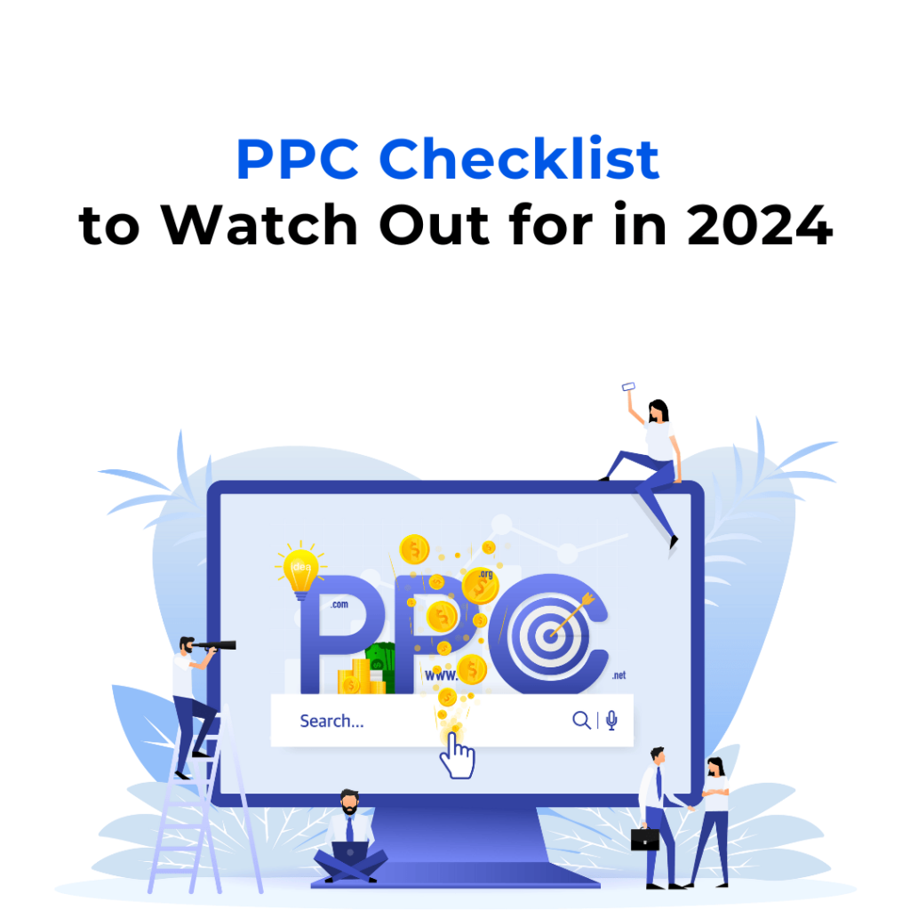 Illustration of a PPC checklist with people working on a computer and various elements related to PPC advertising, including a target, money, and a search bar.