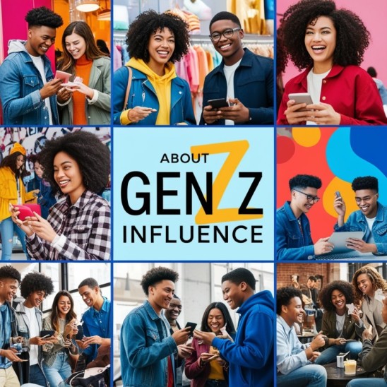 A dynamic and vibrant image of diverse Gen Z individuals engaged in various activities, such as shopping in a trendy store, using technology, and socializing. This can set the tone for the article about Gen Z’s influence.