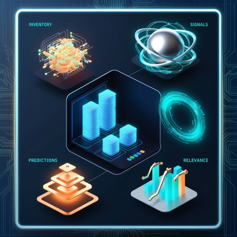 A diagram with four isometric icons representing inventory, signals, predictions, and relevance. Each icon is surrounded by a glowing blue frame. The background is dark blue with circuit-like patterns.