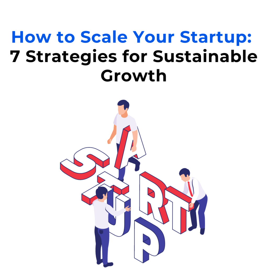 Image of three people building the word "STARTUP" with large, colorful blocks. The headline above reads "How to Scale Your Startup: 7 Strategies for Sustainable Growth."