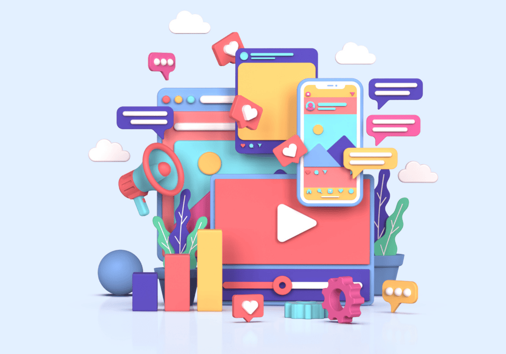 A 3D illustration of various social media elements, including a smartphone, a tablet, a computer screen, a megaphone, a play button, speech bubbles, hearts, and clouds. The background is light blue.