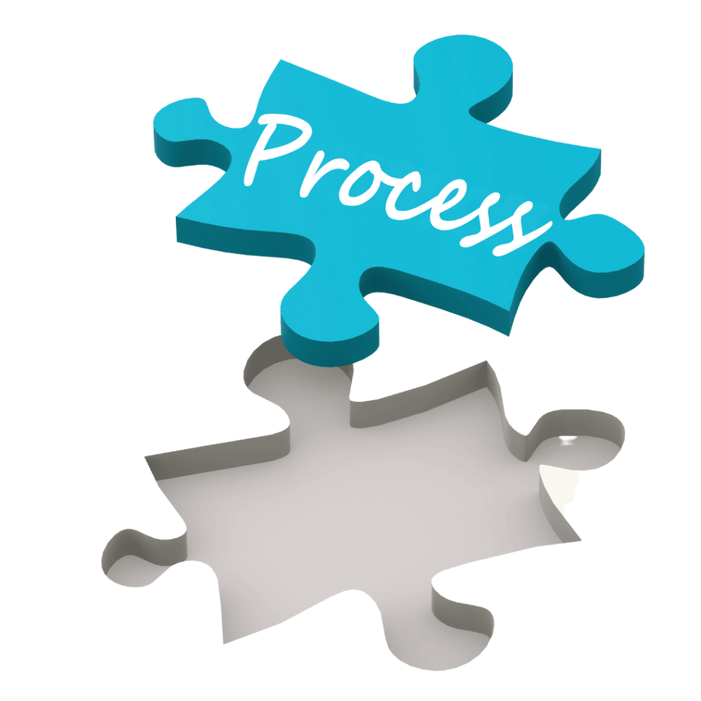 A blue puzzle piece with the word "Process" written on it, fitting into a puzzle hole on a white background. The image represents the concept of a process being a crucial part of a larger system or task.