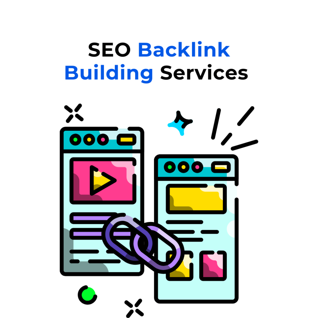 SEO Backlink Building Services. An illustration of two connected web pages, one with a play button and the other with a chain linking them. This represents the process of building backlinks for SEO purposes.