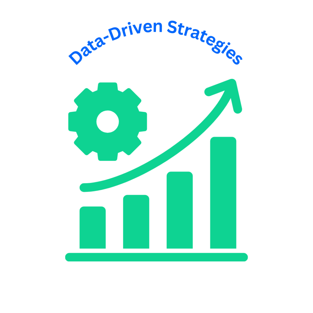 A circular badge with a green gear on top of a bar graph that's trending upward. The text "Data-Driven Strategies" is written around the circle.