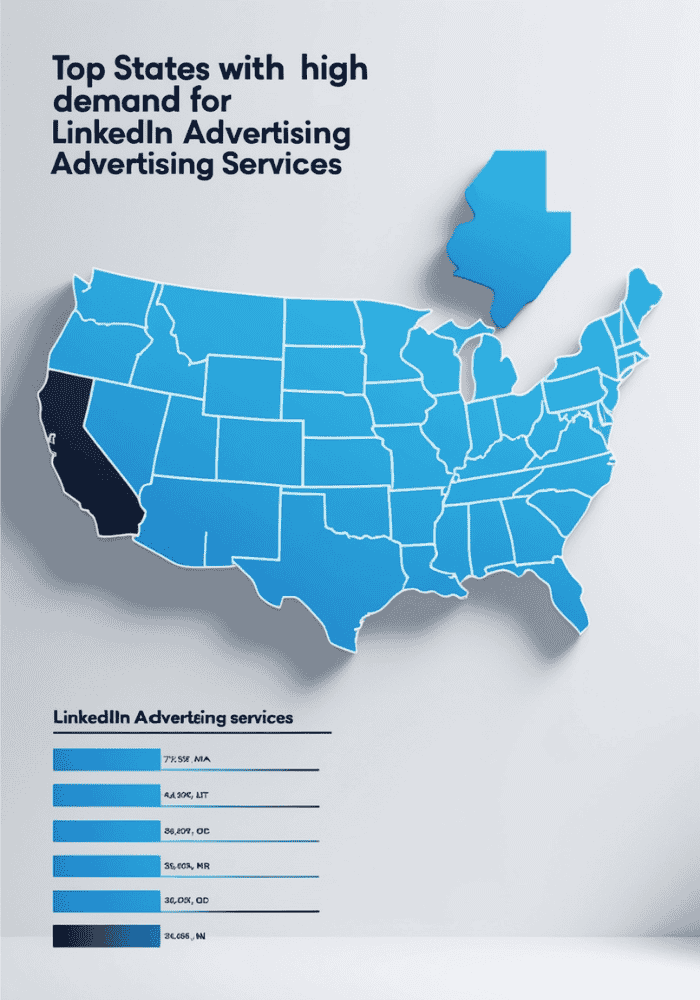 A map of the United States with the state of California highlighted. The title is "Top States with high demand for LinkedIn Advertising Advertising Services." The map includes a key with abbreviations for states and their corresponding LinkedIn advertising service demand percentages.