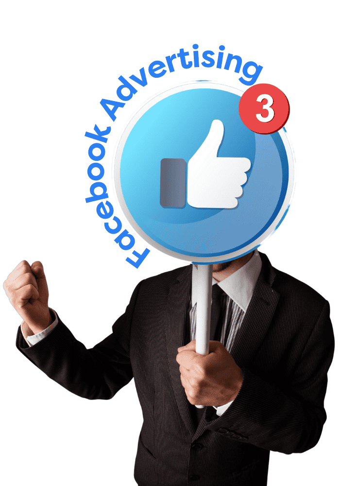 Businessman holding a sign with a Facebook 'Like' icon and notification bubble, with the words 'Facebook Advertising' encircling the icon, symbolizing enthusiasm and success in social media marketing.