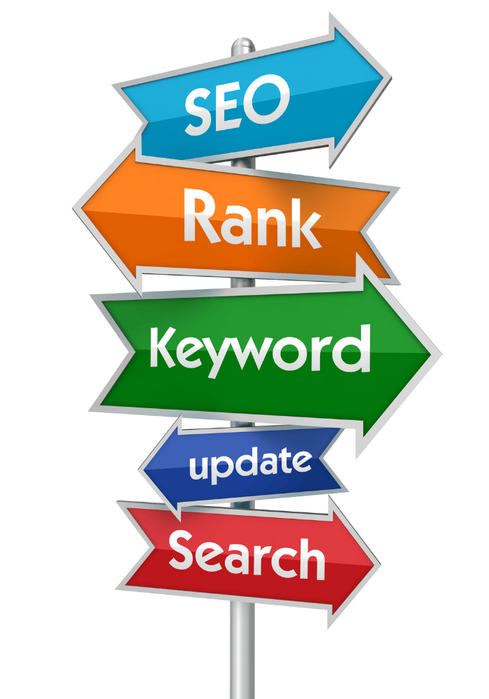 Signpost with arrows pointing in different directions, each with a word on it: SEO, Rank, Keyword, Update, Search.