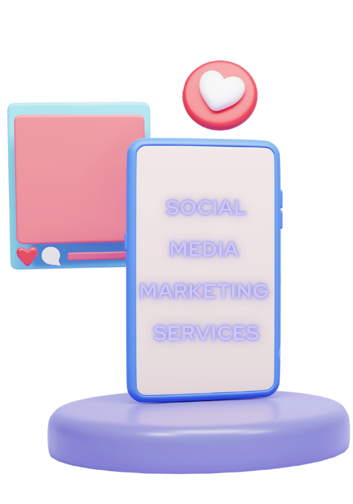 A 3D illustration of a smartphone with a blank screen. The smartphone is surrounded by social media icons, including a like button and a comment bubble. The text "SOCIAL MEDIA MARKETING SERVICES" appears in neon blue letters on the smartphone screen.