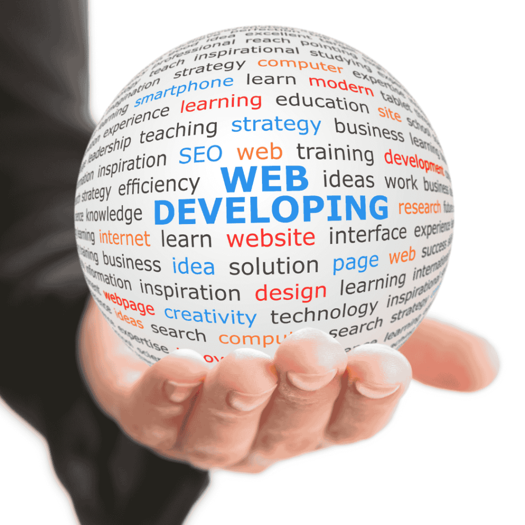 A hand holding a globe filled with words related to web development, such as "SEO," "website," "design," "development," and "internet."