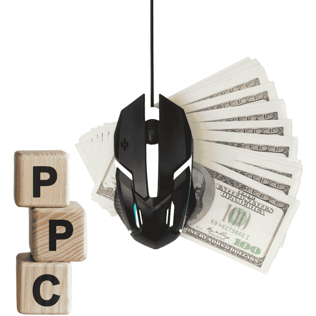 A black gaming mouse with a cable is hanging above a stack of dollar bills. The letters "PPC" are spelled out with wooden blocks next to the mouse.