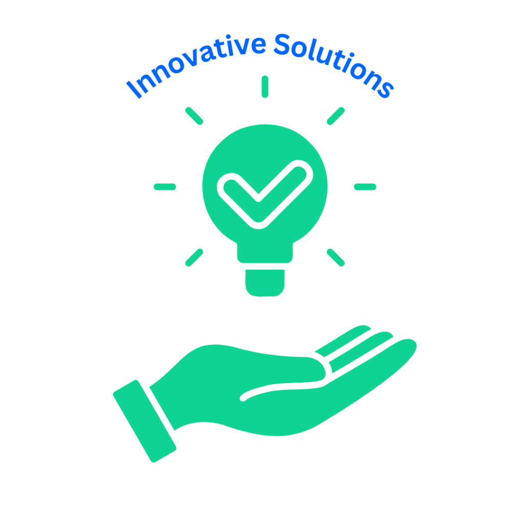 A circular badge with a green hand holding a light bulb with a checkmark inside. The text "Innovative Solutions" is written around the circle.