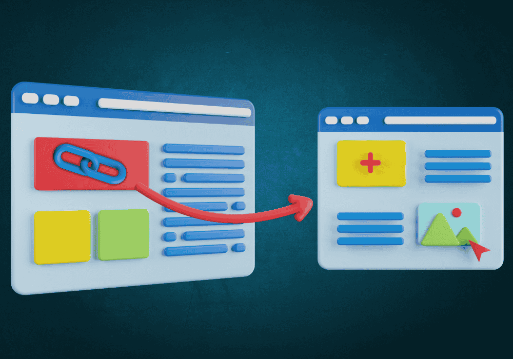 Link Building. A 3D illustration of two web pages connected by a red arrow. One web page has a chain link icon, representing a backlink, and the arrow points towards the other web page, indicating that it's receiving a link.