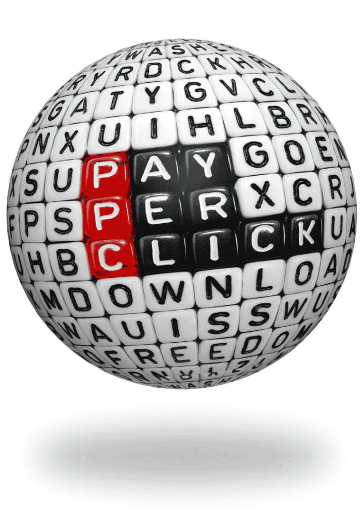 A 3D sphere made up of cubes with letters on them. The letters spell out various words related to online advertising and marketing. The words "PAY PER CLICK" are highlighted in bold, with the "PPC" portion in red.