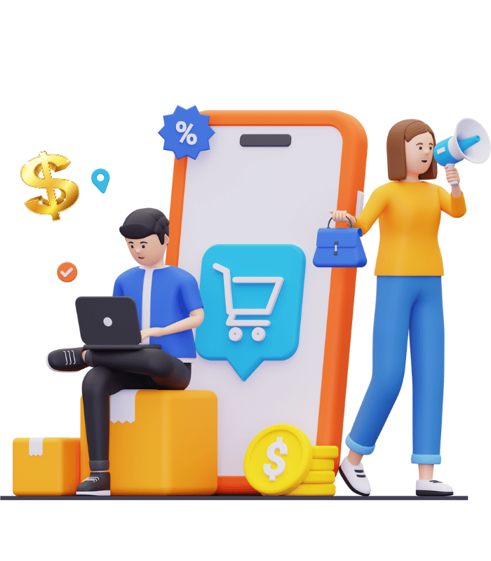 A 3D illustration of a man sitting on boxes, using a laptop, and a woman standing nearby, holding a megaphone. A large smartphone with a shopping cart icon and dollar signs is in the background.