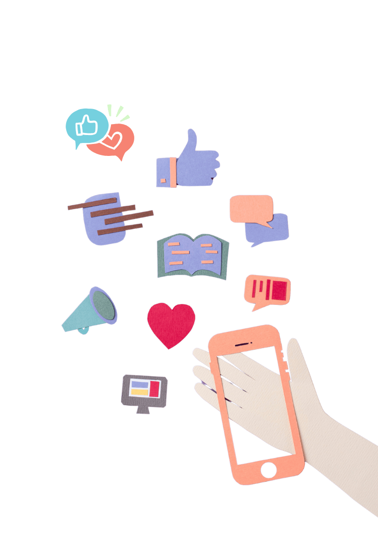 A hand holding a smartphone with various social media icons floating around it, including a like button, a heart, a megaphone, a book, and a speech bubble.