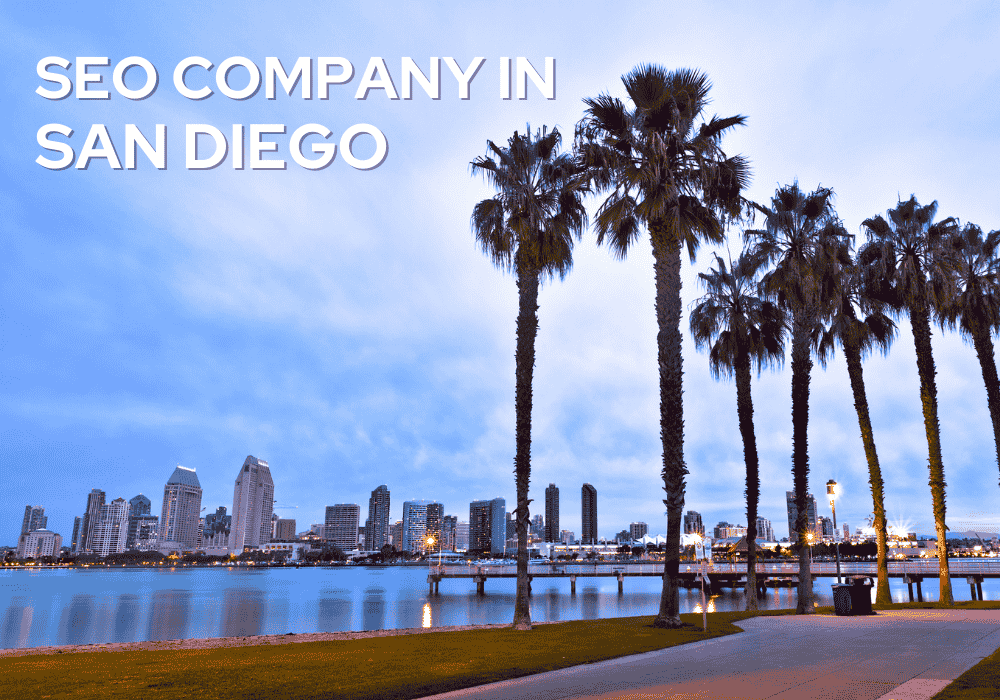 A scenic view of San Diego at sunset, featuring tall palm trees, a waterfront park, and the city skyline. The background text reads "SEO Company in San Diego."