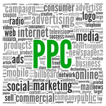 A word cloud related to Pay-Per-Click (PPC) advertising. The central word "PPC" is surrounded by terms like "advertising," "campaign," "media," "internet," "social," "mobile," "marketing," "products," and "sell."